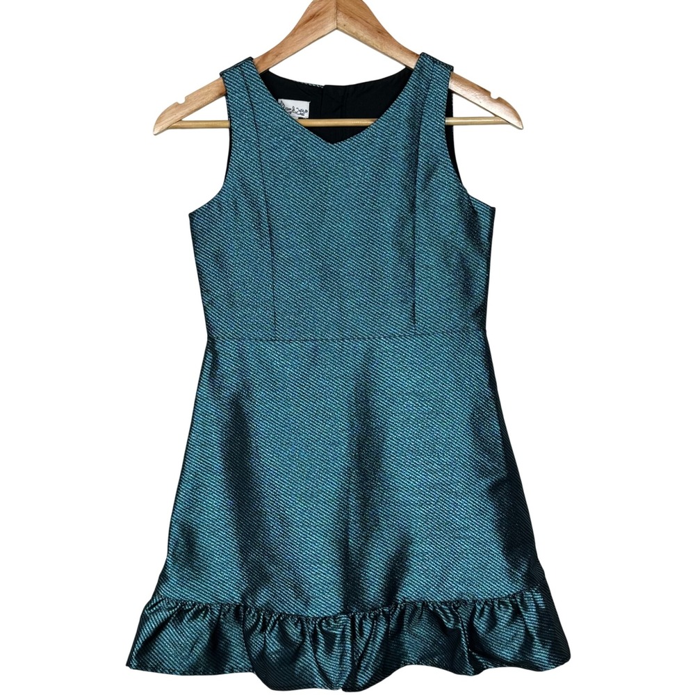 Pippa & Julie Dress Hazel Metallic Ruffle Hem Teal Green Girl 12 V-Neck A-Line